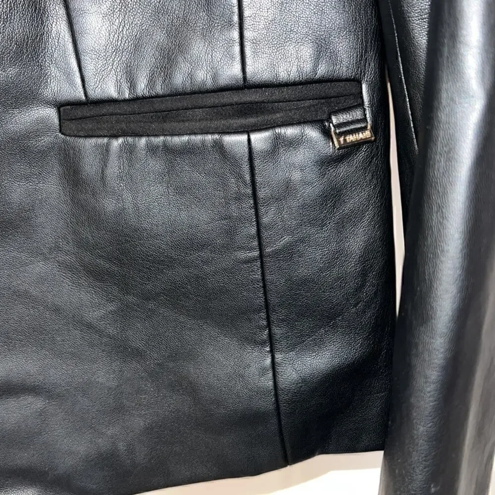 Tahari black faux leather woman’s open front jacket size 4